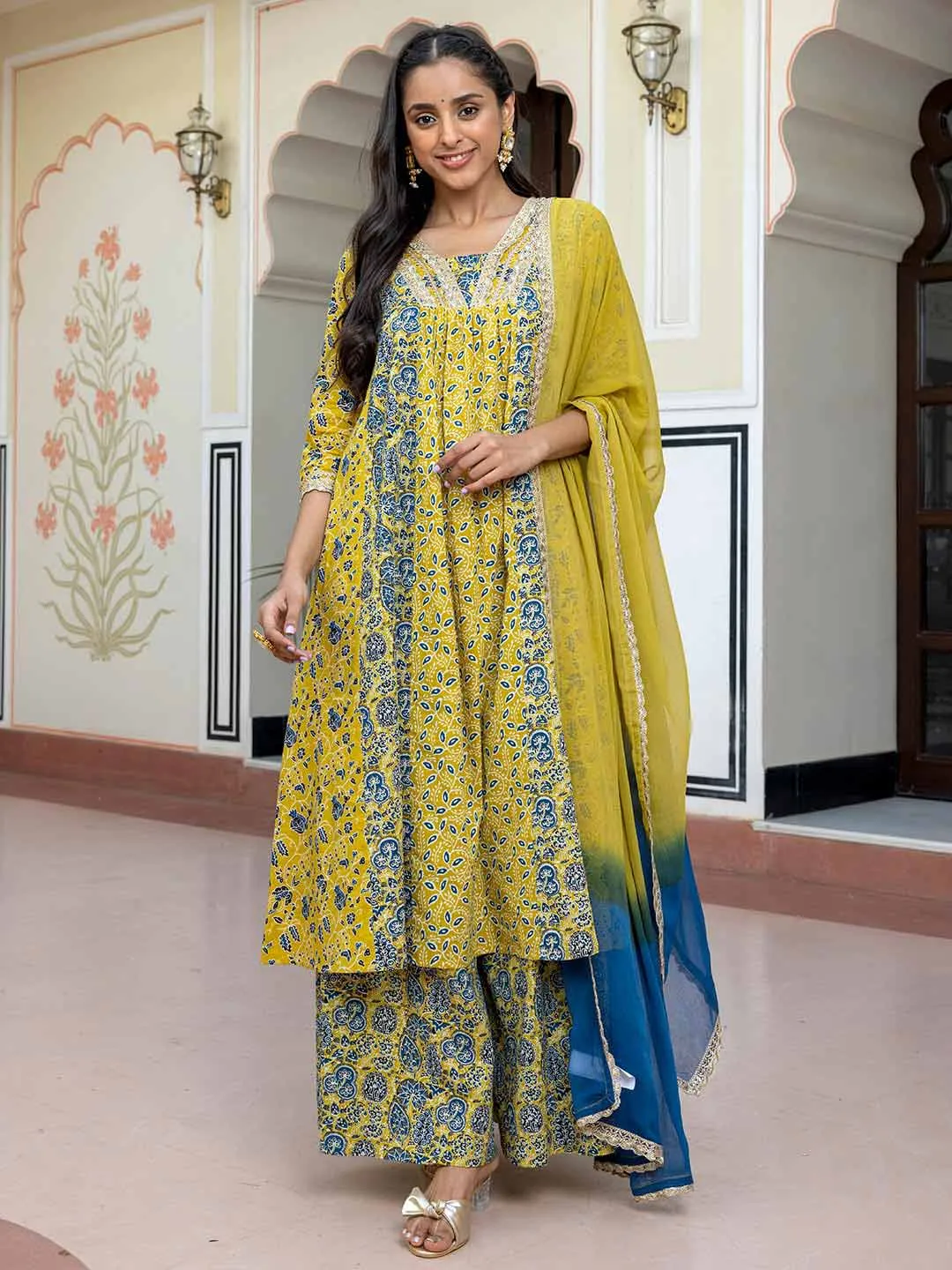 Lime Green Cotton Embellished Ethnic Printed Kurta with Flared Palazzo and Dupatta