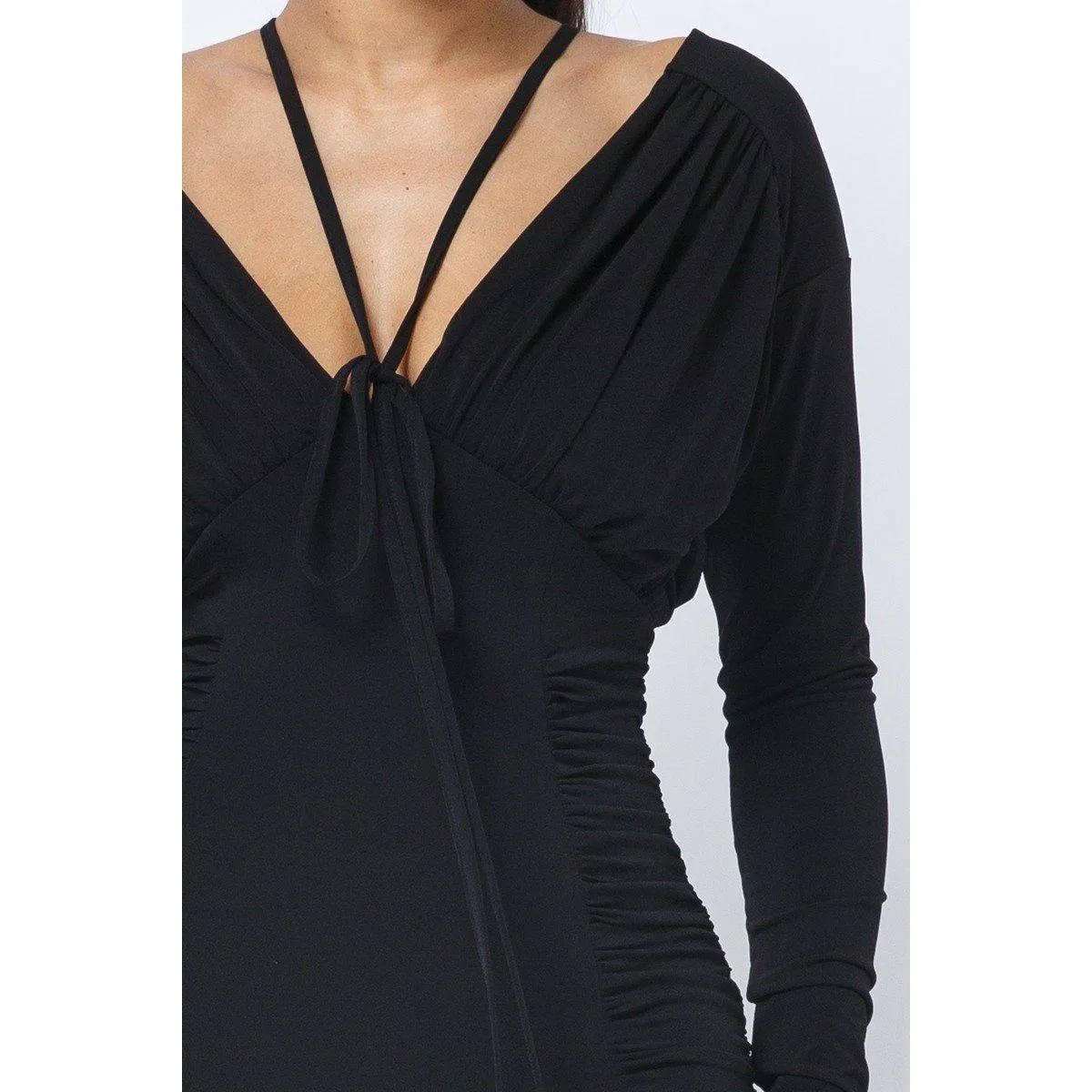 Long Sleeve Midi Dress With Low V Neck Front And Back With Ruching On Sides And Chest