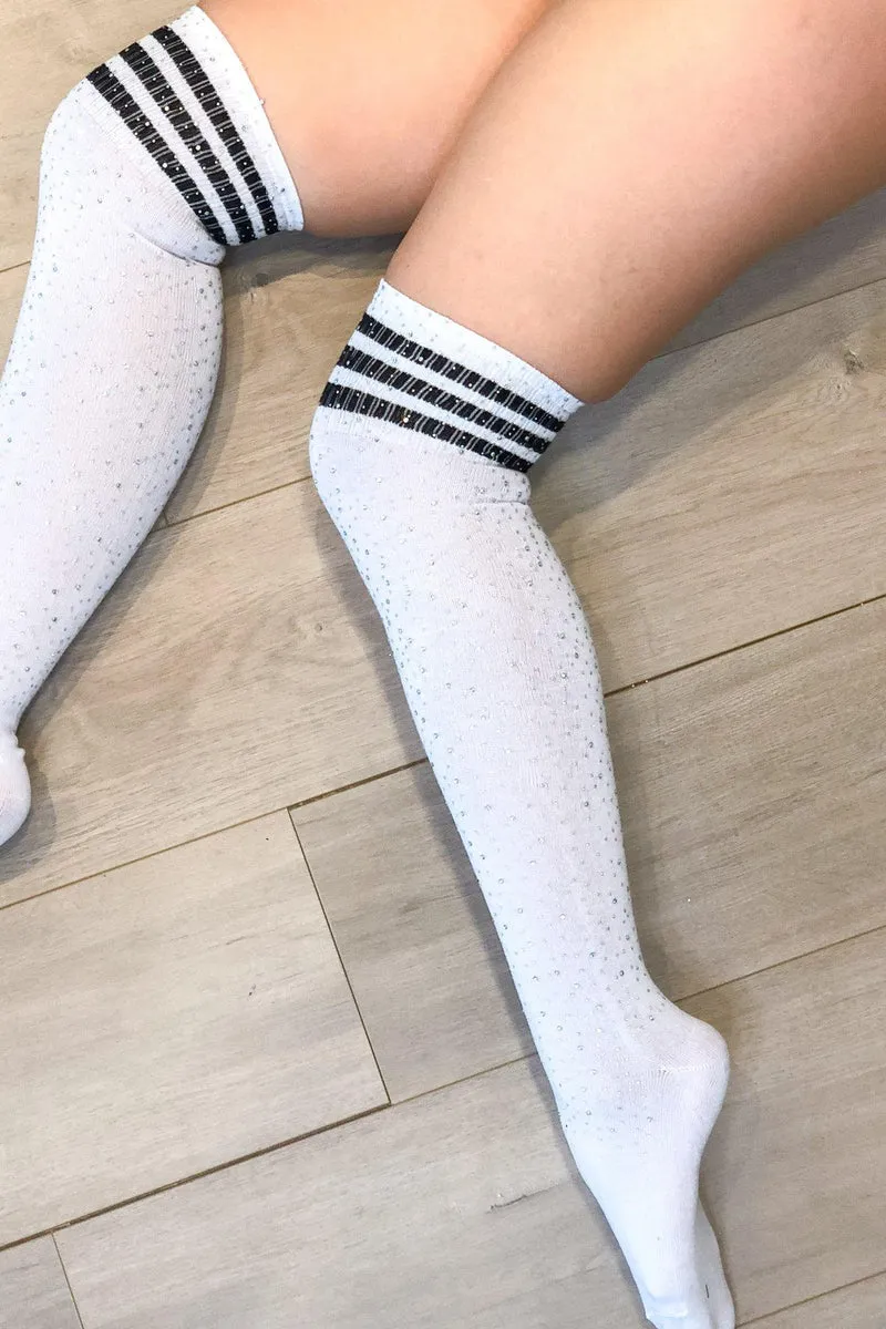 Lunalae Thigh High Diamonte Socks - White/Black