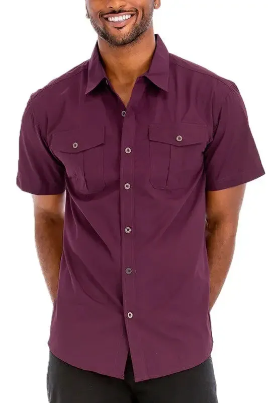 Men's Solid Short Sleeve Chest Pocket Shirt