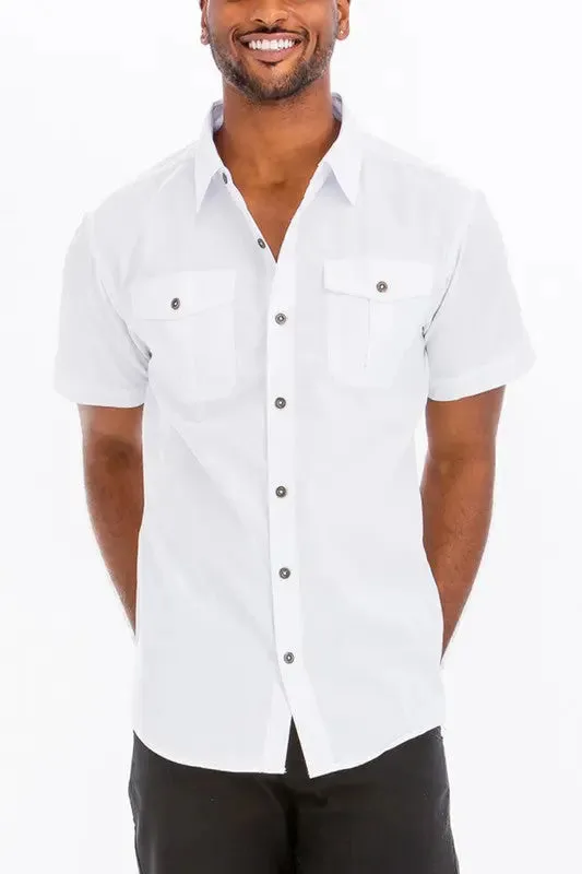 Men's Solid Short Sleeve Chest Pocket Shirt