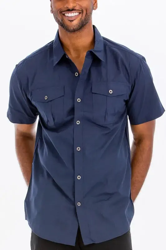 Men's Solid Short Sleeve Chest Pocket Shirt