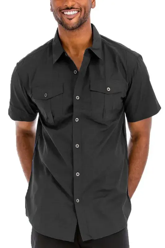 Men's Solid Short Sleeve Chest Pocket Shirt