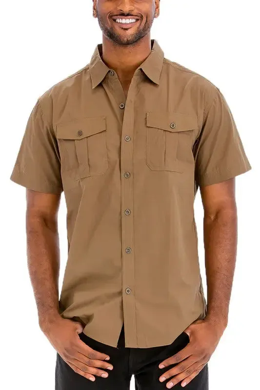 Men's Solid Short Sleeve Chest Pocket Shirt