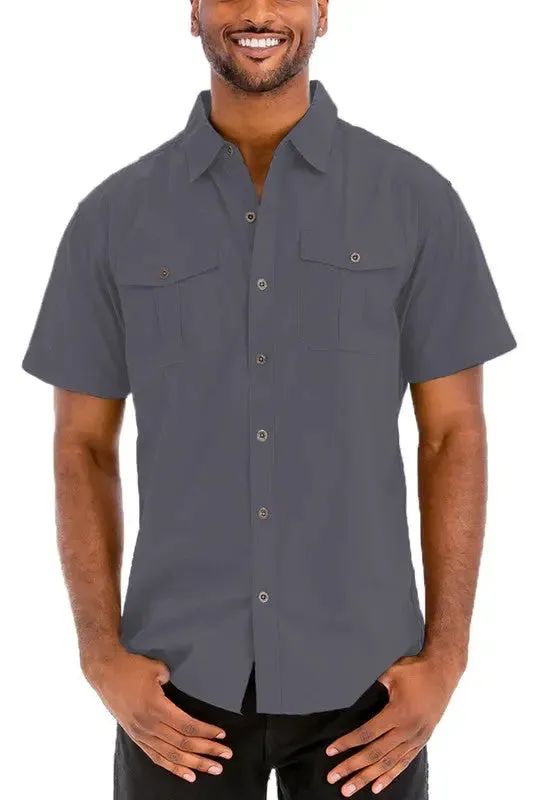 Men's Solid Short Sleeve Chest Pocket Shirt