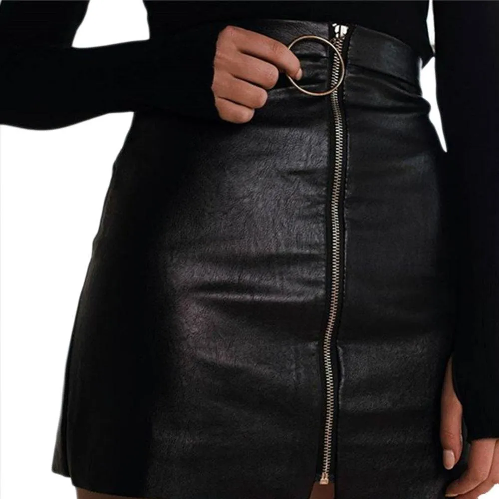 Metal Ring Zipper Up Faux Leather Hip Tight Mini Skirt