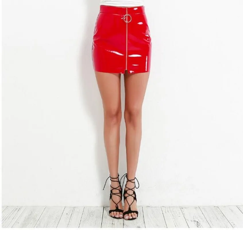 Metal Ring Zipper Up Faux Leather Hip Tight Mini Skirt