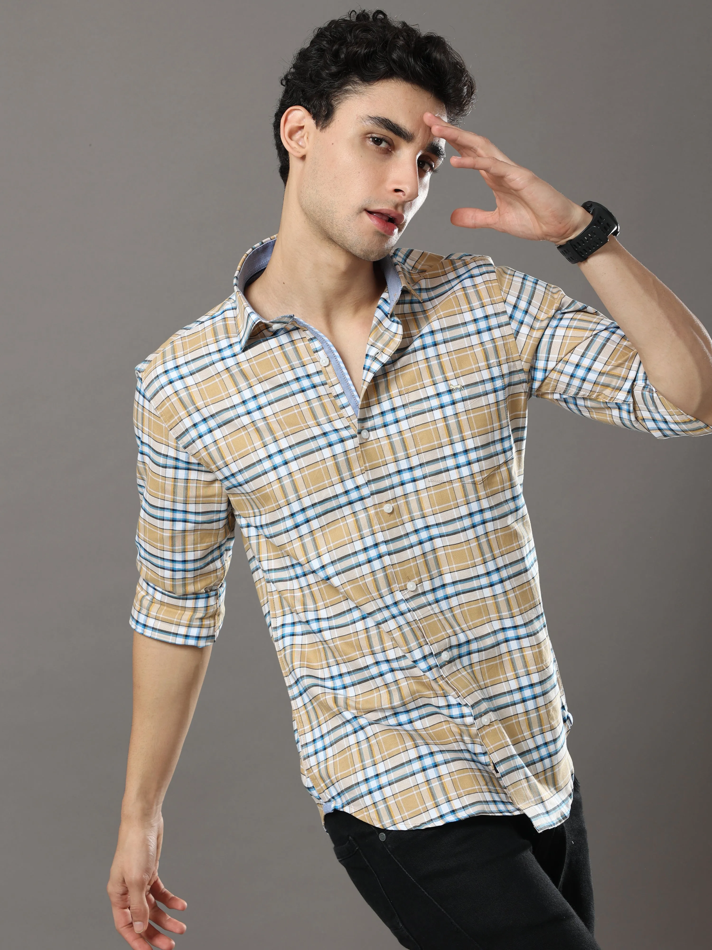 Mustard And Blue Checks Shirt