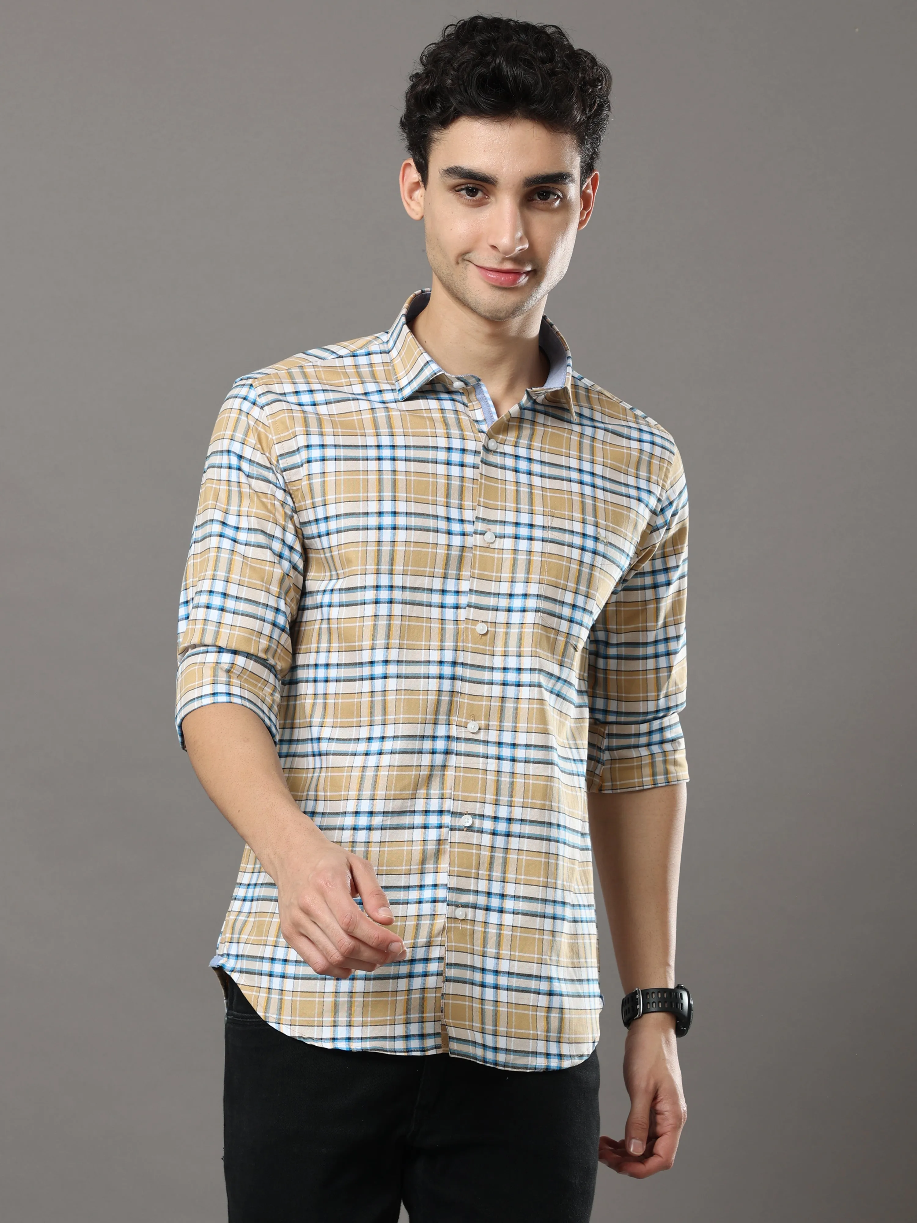 Mustard And Blue Checks Shirt