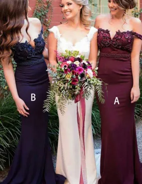 Off Shoulder Sweep Train Burgundy Mermaid Bridesmaid Dress