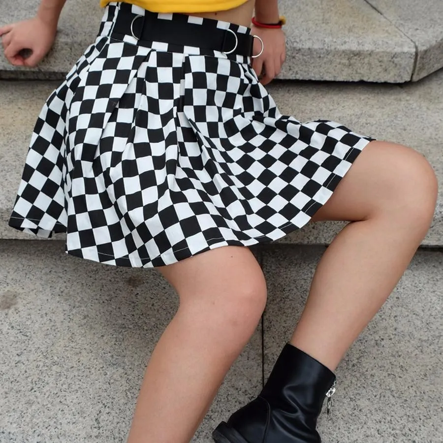 Pleated Checkerboard High Waist Short Skirt