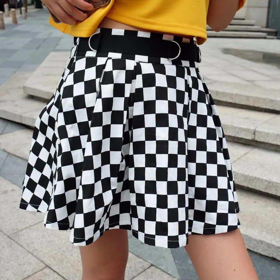 Pleated Checkerboard High Waist Short Skirt