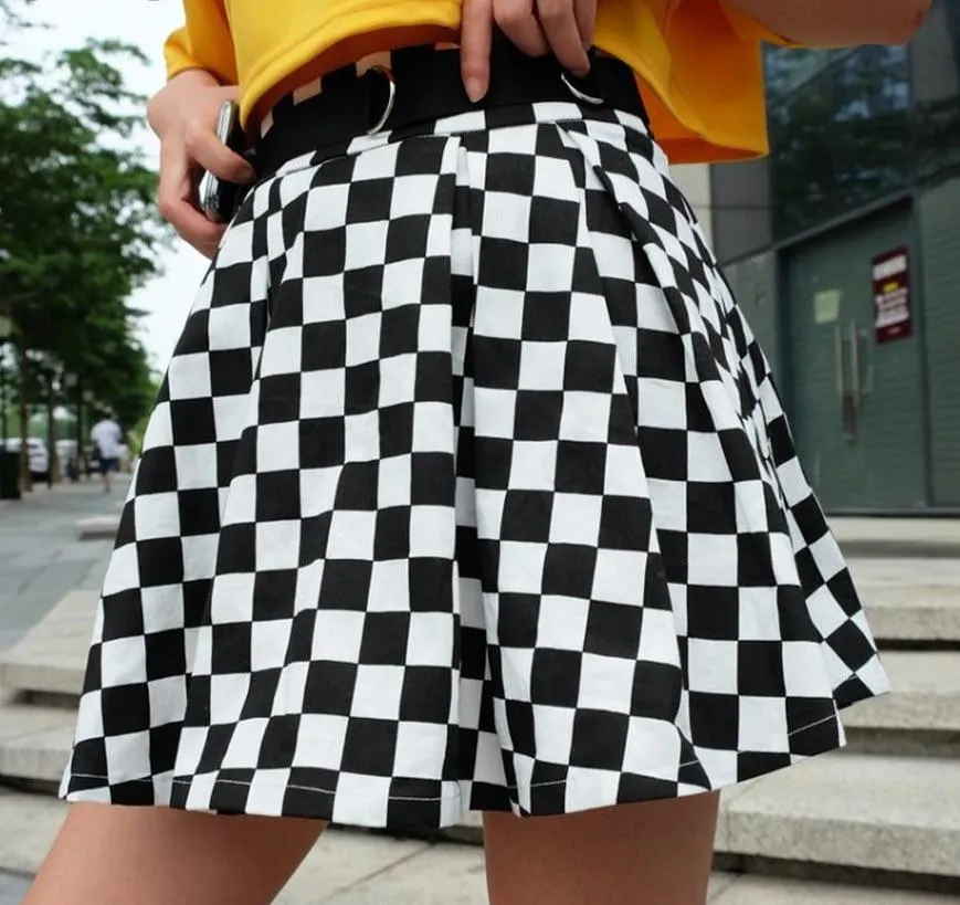 Pleated Checkerboard High Waist Short Skirt