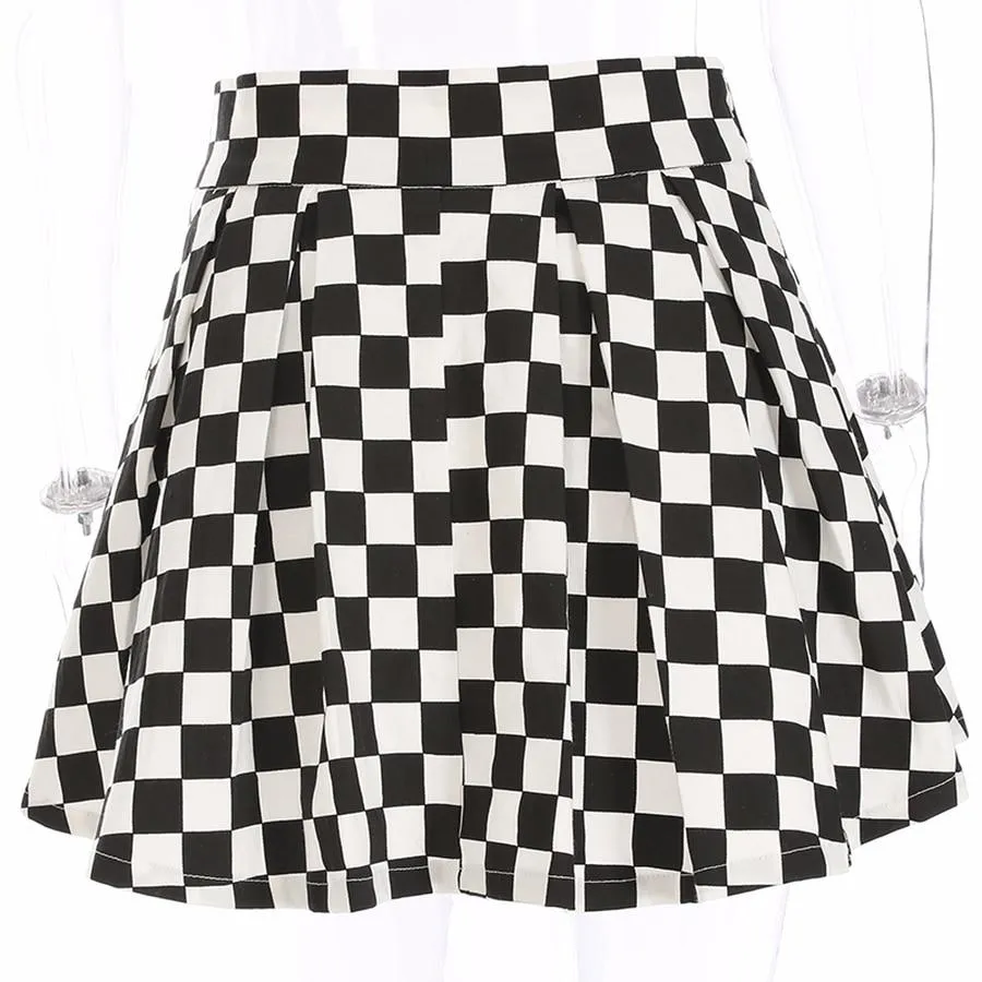 Pleated Checkerboard High Waist Short Skirt