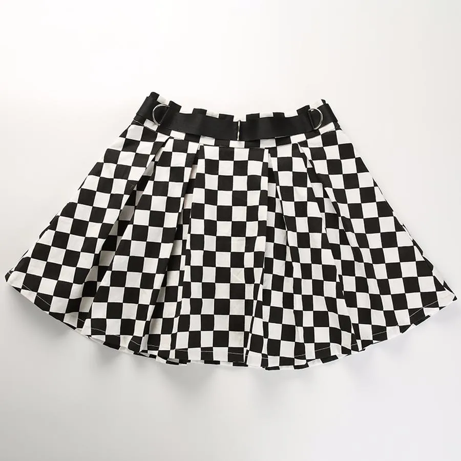 Pleated Checkerboard High Waist Short Skirt