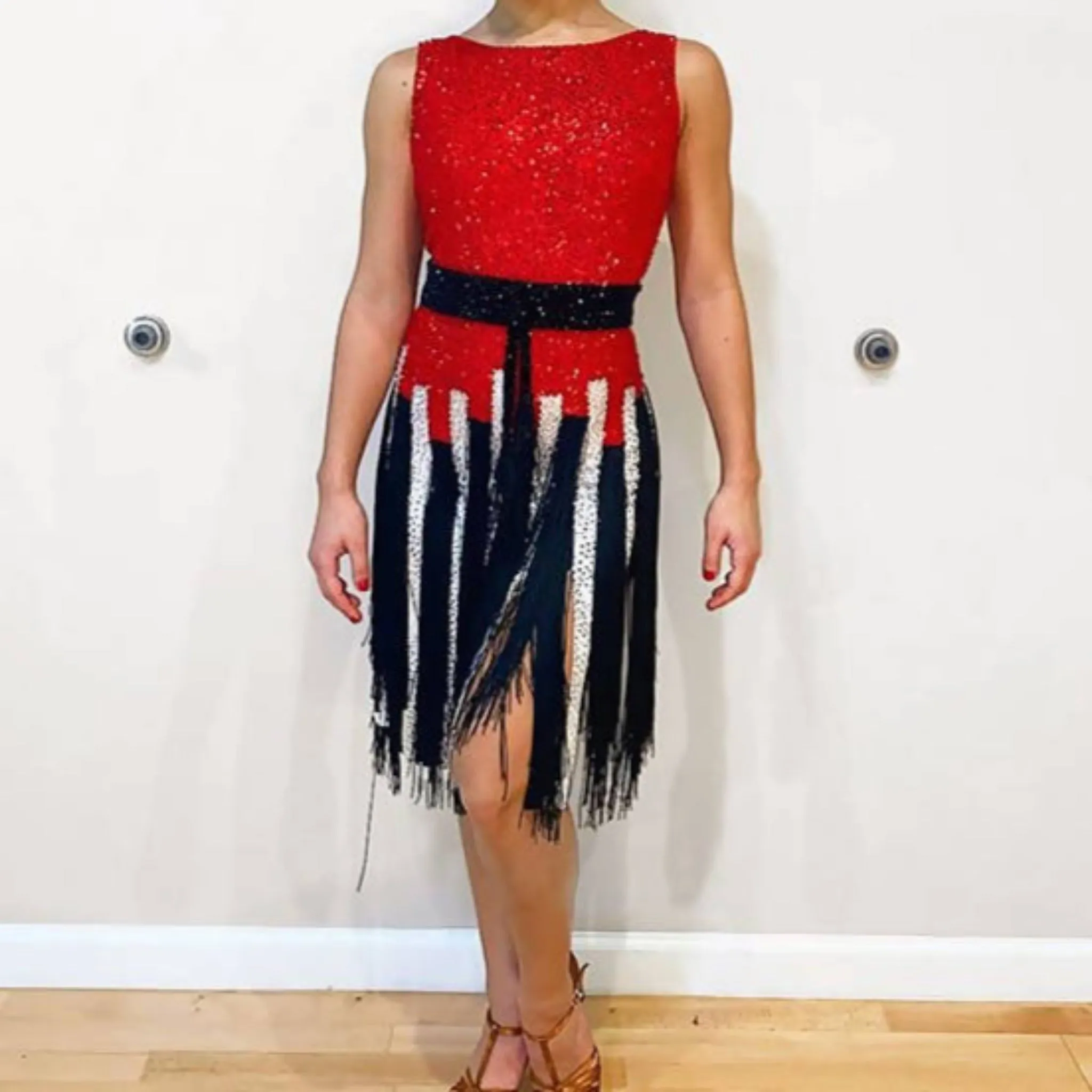 Red & Black Latin Sponsored Dress with Fringe