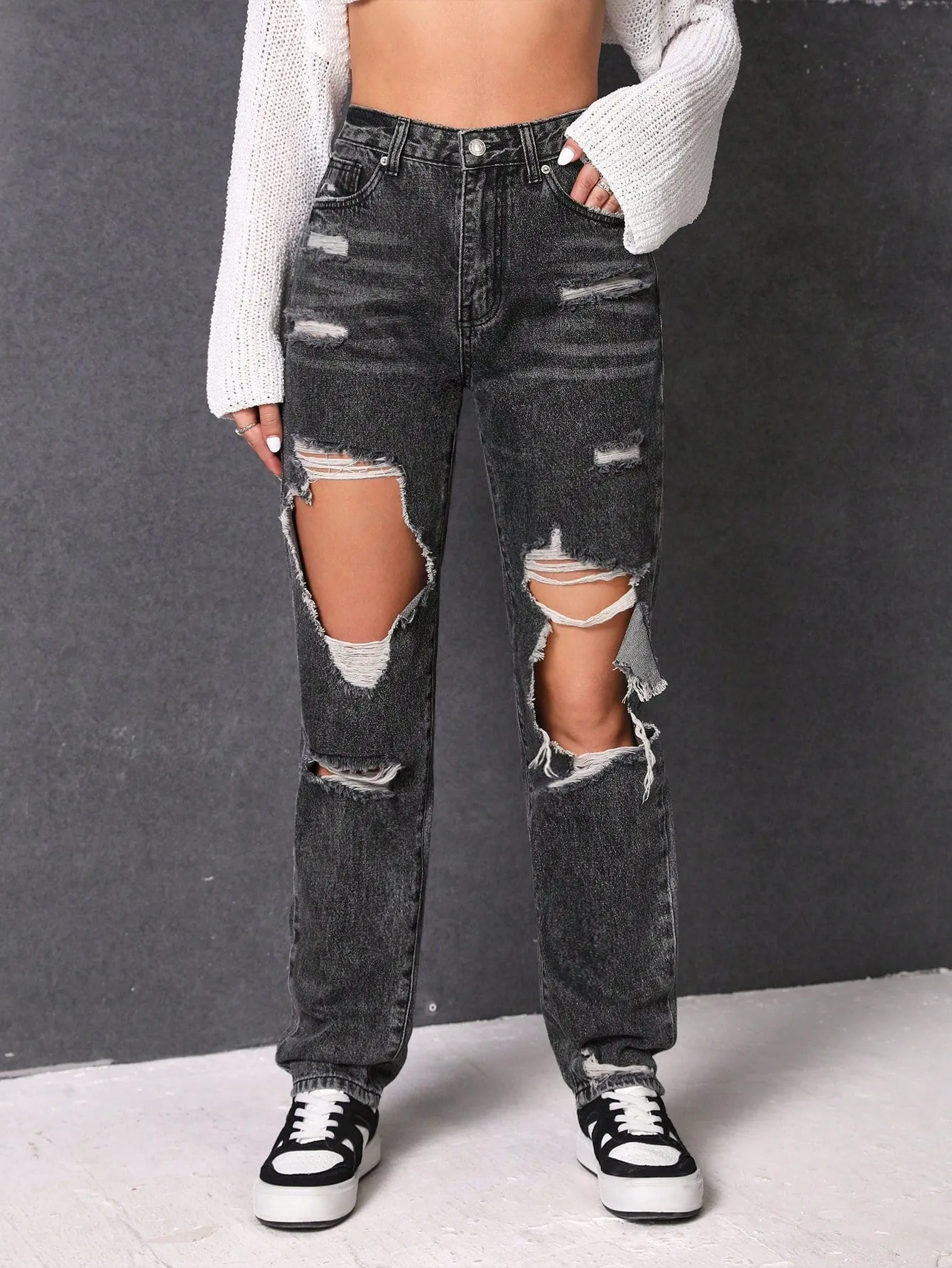 Ripped Detail Straight Leg Jeans