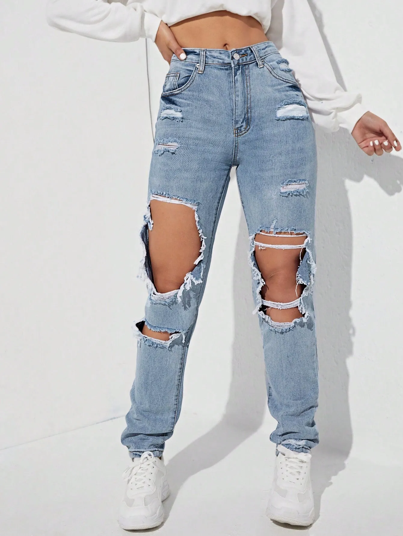 Ripped Detail Straight Leg Jeans