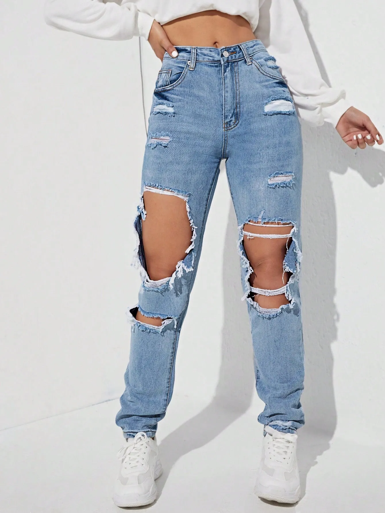 Ripped Detail Straight Leg Jeans