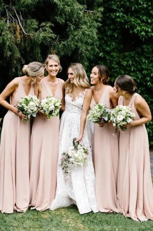 Simple V Neck Light Pink Cheap Long Chiffon Bridesmaid Dress