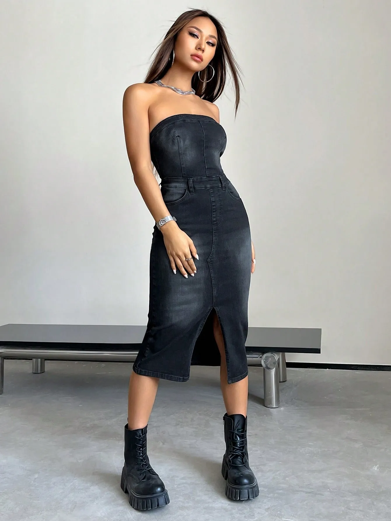 Split Thigh Tube Denim Dress