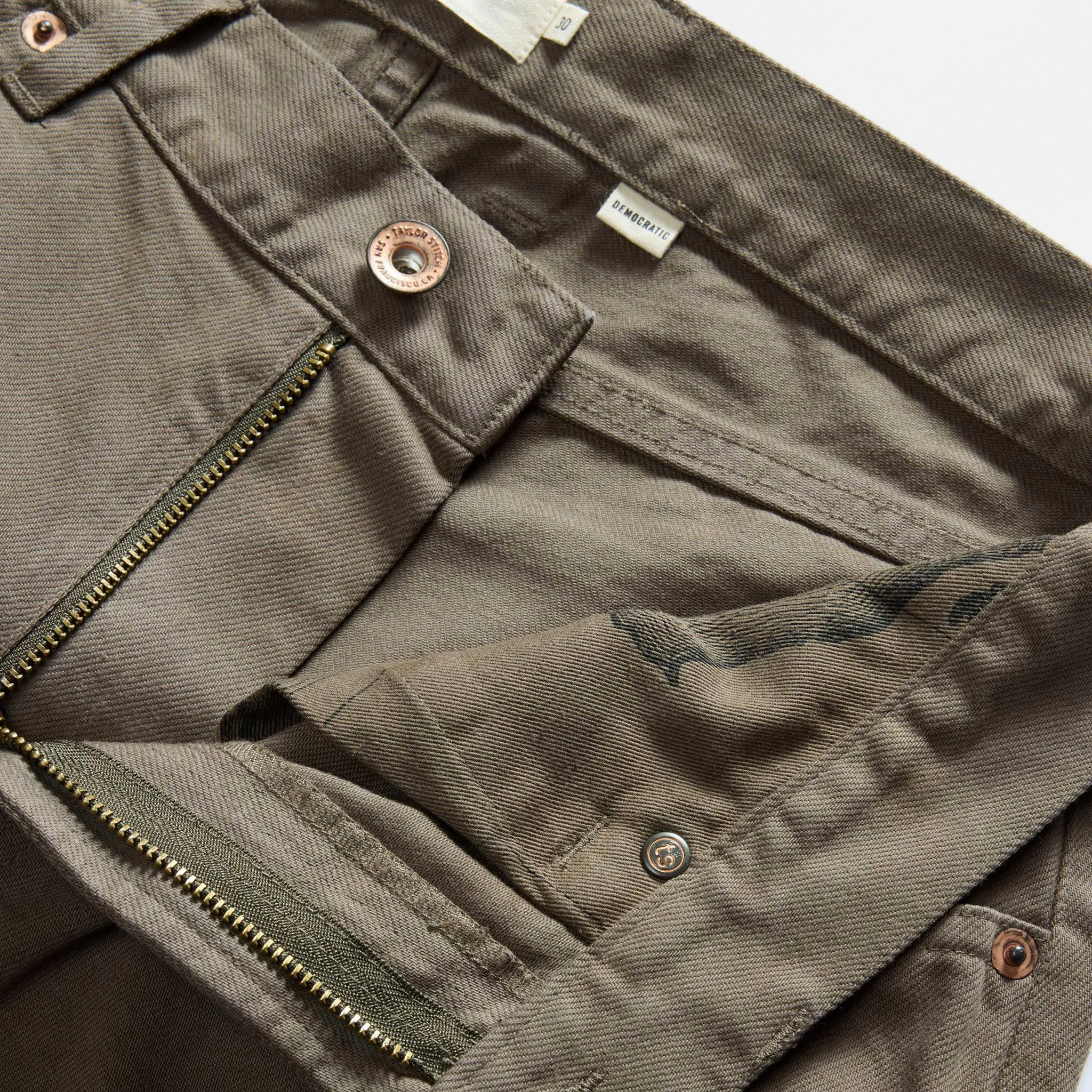 The Democratic All Day Pant in Fatigue Olive Selvage Denim