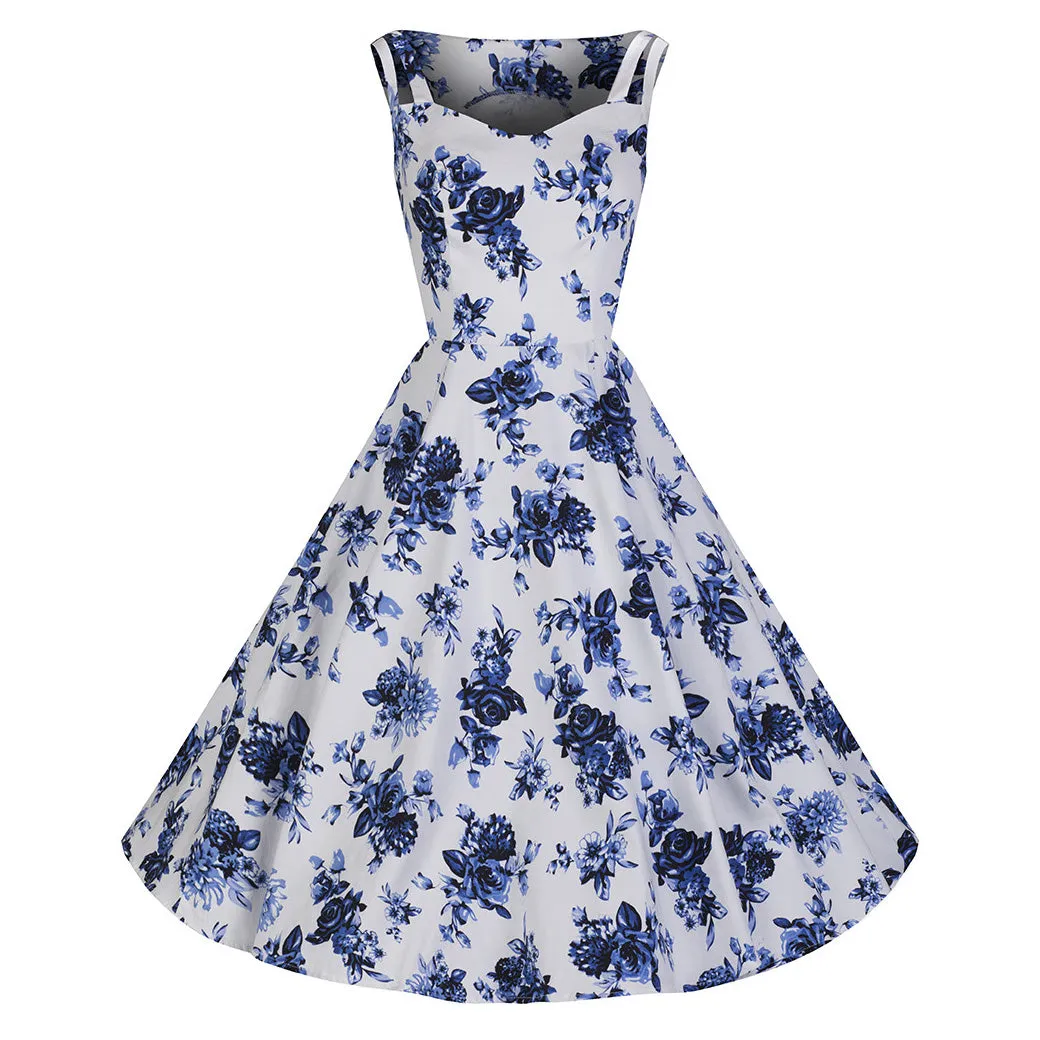 White and Blue Vintage Floral Blossom Rockabilly Swing Dress