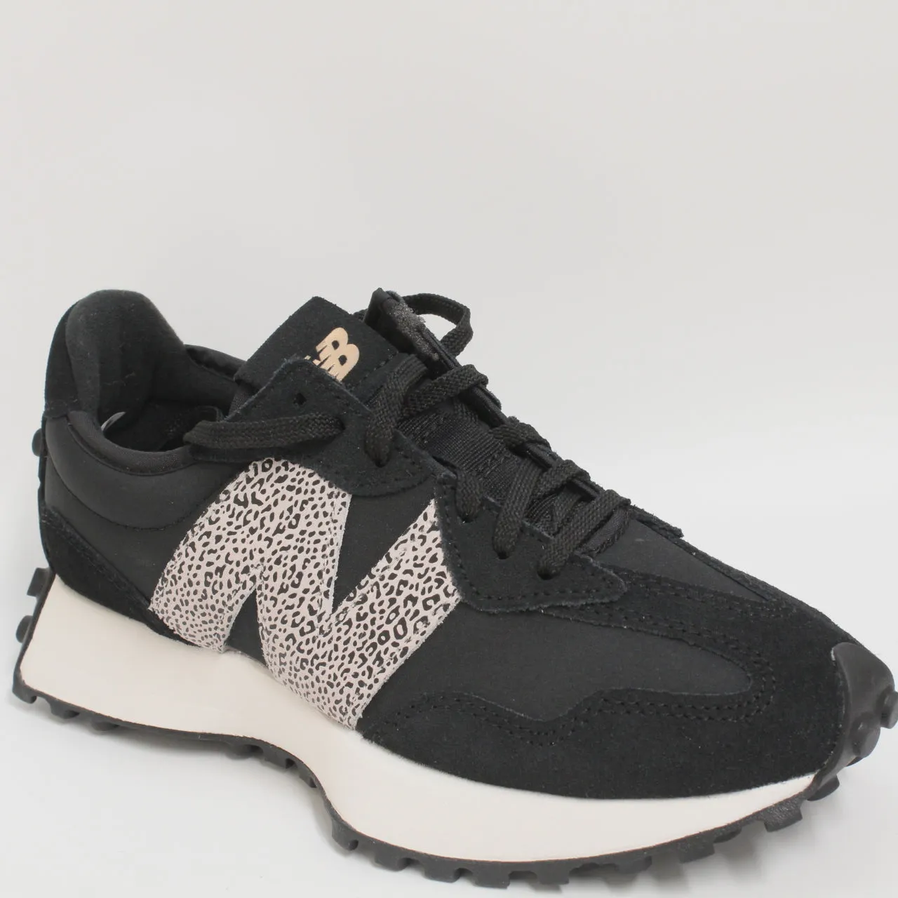 Womens New Balance 327 Black Leopard White Trainers