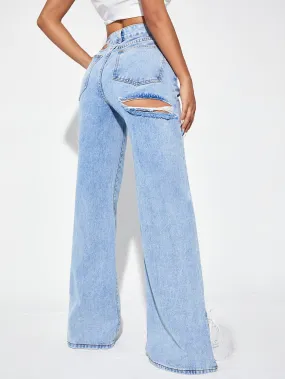 Zipper Fly Ripped Detail Split Hem Wide Leg Jeans